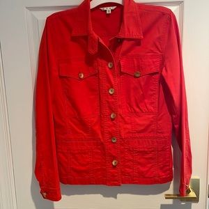 CAbi orange long sleeved ruffled back jacket size M